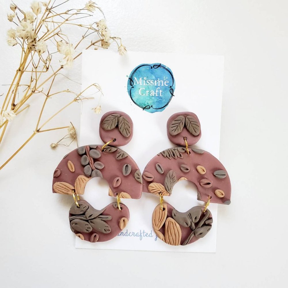 Earrings Circle leaf 002 Polymer clay Handmade